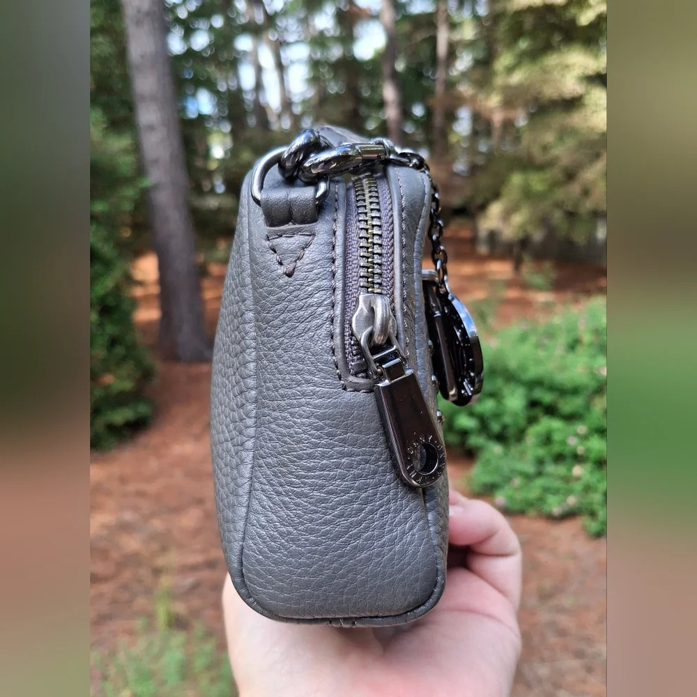 DKNY Charcoal Grey Studded Leather Convertible Crossbody Clutch Wristlet